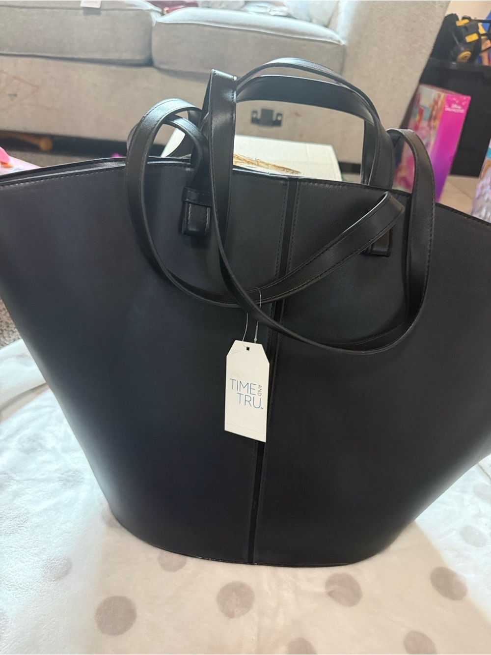 Time and Tru Black Leather-Look Tote with Double Straps